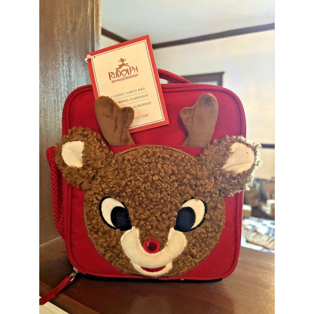 School Pottery barn Christmas holiday RUDOLPH LUNCH BOX BAG+Utensil gift pre /